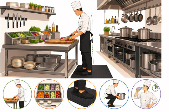Chef kitchen ergonomics professional cooking illustration