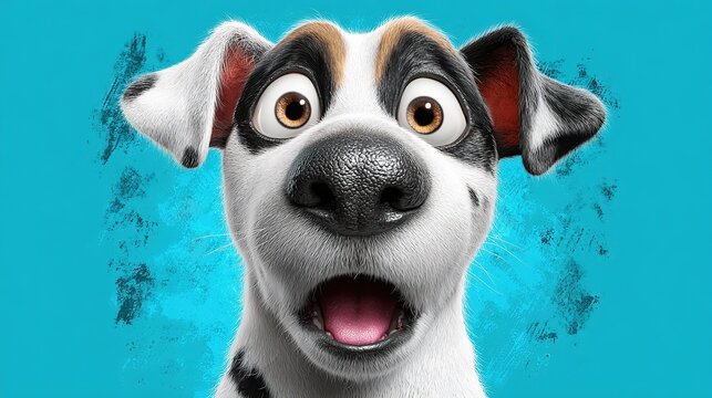Surprised Dog Portrait: A cartoon-style dog with wide, expressive eyes and an open mouth displays a look of shock and surprise against a vibrant blue background.