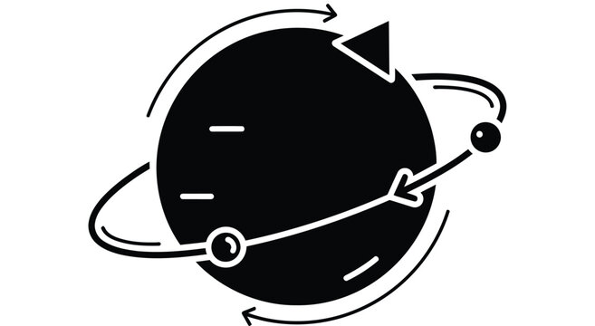 A black silhouette of a planet with orbiting arrows and a small satellite