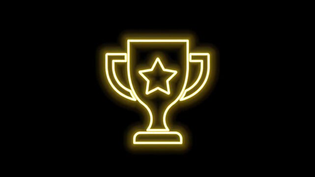 golden neon trophy icon glowing with a star symbol for success on a black background