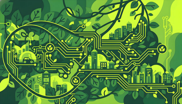 A green city with a heart shaped circuit