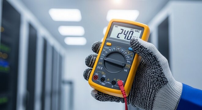 Electrician Checking Voltage with a Digital Multimeter in Server Room