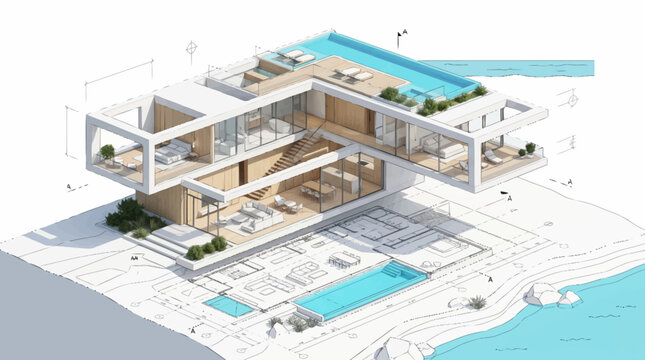 Modern Luxury Villa Architectural Cutaway With Swimming Pools.