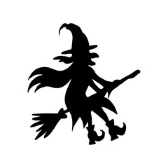 Fototapeta premium Whimsical vector hand drawn evil witch flying on broom in silhouette and outline style. Halloween quirky design in sketch style. Illustrations in black color