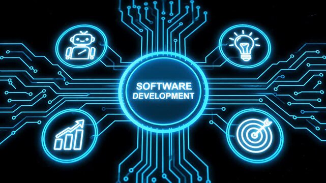 Software development concept with glowing circuit board and business icons on black.