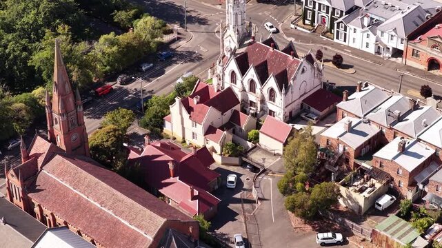 Launceston city downtown churches in aerial top down cityscape view &ndash; Tasmania.