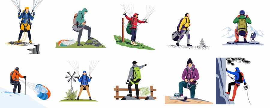 Collection of flat vector illustrations featuring people engaged in extreme outdoor adventures like paragliding, rock climbing, and mountaineering in diverse landscapes.