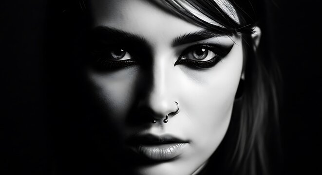 Close up portrait of a woman with dark hair and makeup.