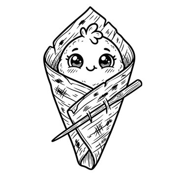 Cute Kawaii Tamale Character Line Art for Coloring Book Page, Mexican Food Vector Illustration with Happy Smiling Face in Husk, Festive Latin Cuisine Mascot, Design Space, Flexible Layout
