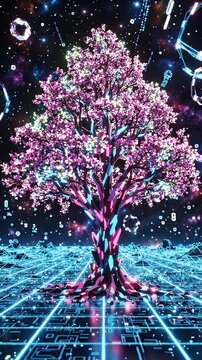 Vibrant Futuristic Digital Tree Growing in Abstract Landscape - A vibrant, animated tree with glowing pink and blue foliage stands tall in a futuristic digital landscape.