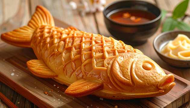 Golden fish shaped pastry dessert