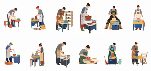 Fototapeta premium Collection of flat vector illustrations depicting diverse potters working with clay on potter's wheels, shaping, painting, and crafting various ceramic vessels.