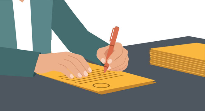Person carefully signing important yellow documents at desk.
