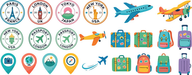 Travel Illustration Set with Vintage Stamps, Airplanes, and Cute Luggage Icons © reyna_art