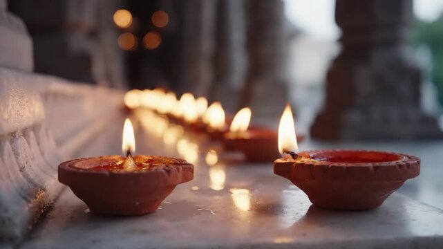 Row of clay oil lamps, diyas, lit with flickering flames on a marble surface, creating a warm, serene atmosphere, ideal for festive celebrations and cultural events
