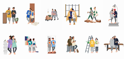 Fototapeta premium Flat vector illustration set of diverse couples engaged in various home improvement, moving, and cozy lifestyle activities in their new house.
