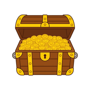 Treasure chest full of gold coins on white background