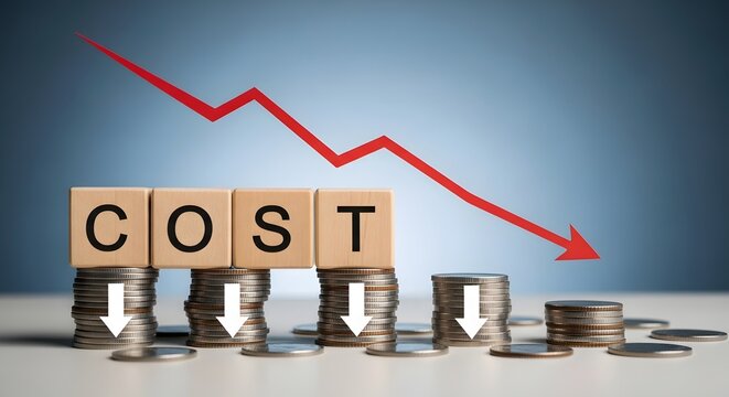 Wooden blocks spelling cost on stacks of coins with a red downward arrow showing a decrease in expenses