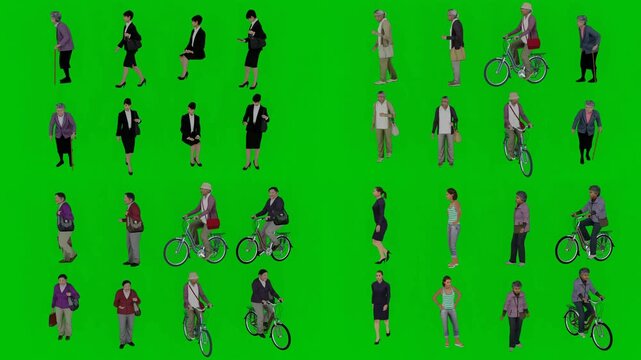 3D animated cartoon animation of diverse crowd with business people and cyclists performing natural movements on bright green screen chromakey background. Ideal for motion graphics visual effects comp