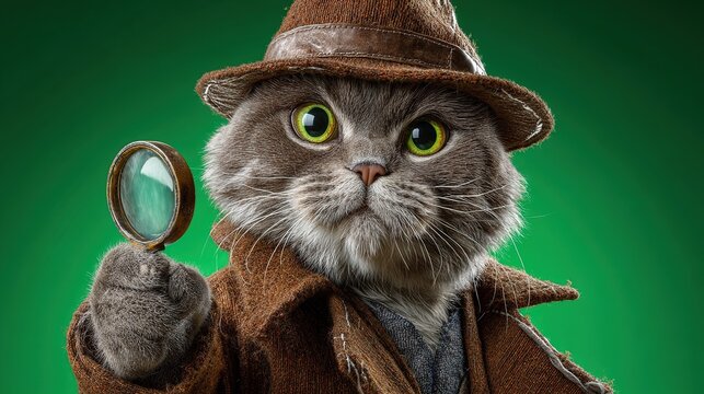 Detective Cat with Magnifying Glass: A whimsical portrayal of a cat dressed as a detective, wearing a fedora hat and trench coat, intently examining with a magnifying glass.