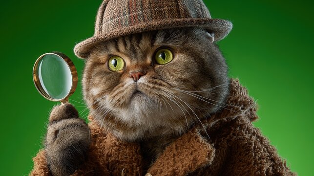Curious Cat Detective: A fluffy cat dressed as a detective, complete with a trench coat and deerstalker hat, peers intently through a magnifying glass, embodying mystery and intrigue