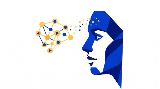 Flat vector illustration of a low poly blue human face profile with abstract neural network nodes