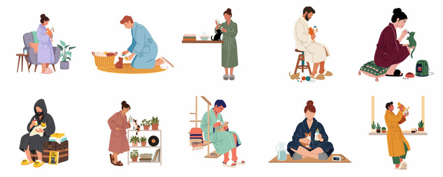 Illustrations of diverse people in bathrobes bottle-feeding orphaned newborn kittens in various cozy home settings, showcasing pet care and compassion.