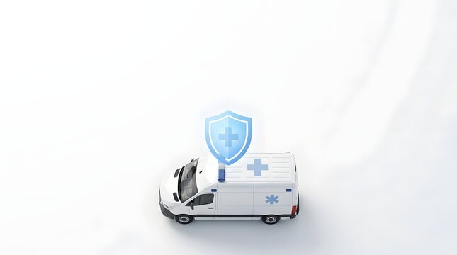 Ambulance van protected by medical shield icon on white background minimalist studio shot for healthcare marketing
