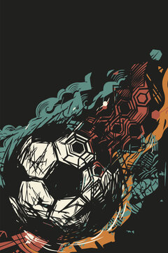 Abstract soccer ball meteor hand drawn linocut style on black vertical background have blank space.