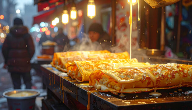 Delicious golden crepes street market