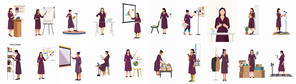 Collection of flat vector illustrations featuring a professional woman as a pitch coach engaged in various business communication, presentation, and office tasks.