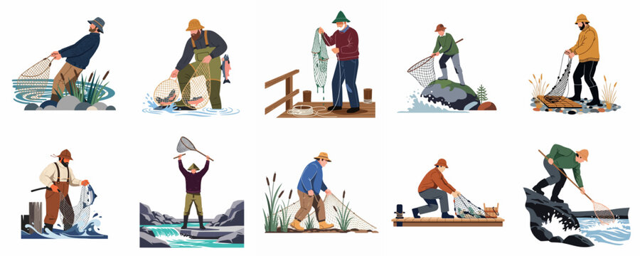 Collection of flat vector illustrations showing various fishermen catching fish with nets in different outdoor settings like rivers, lakes, and wooden piers.