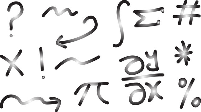 Hand drawn mathematical symbols and icons set, abstract sketch of math equations, pi, integral, sigma, and punctuation marks isolated on white background vector illustration.