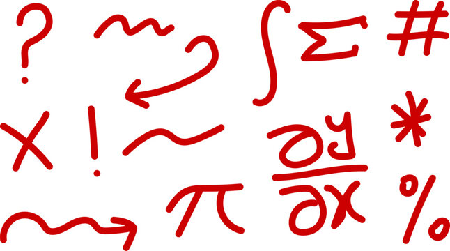 Hand drawn mathematical symbols and icons set, abstract sketch of math equations, pi, integral, sigma, and punctuation marks isolated on white background vector illustration.