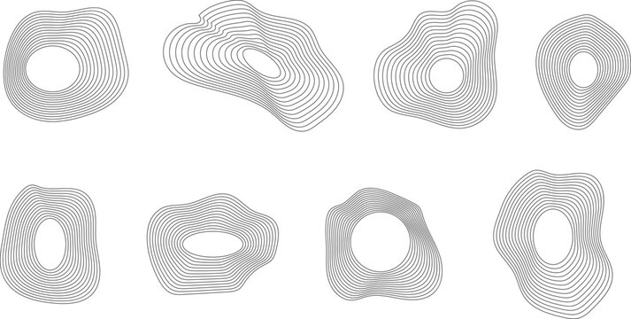 Abstract topographic map contour lines vector set, minimalist black organic wavy blend shapes isolated on white background for graphic design elements.
