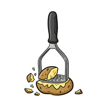 Potato masher tool mashing a fresh potato on white background