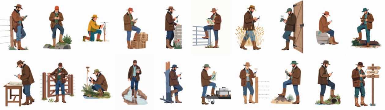 Collection of illustrations featuring men in outdoor gear using modern technology for ranching, surveying, and land management tasks across various rural settings.
