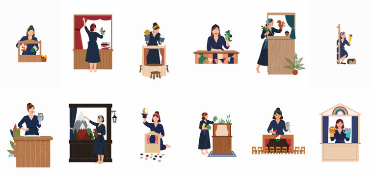 Set of twelve flat vector illustrations of women performing puppet theater shows using various hand puppets and creative wooden stages for educational storytelling.