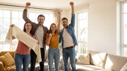 Obraz premium Joyful young friends celebrating together at home, cheering excitedly with arms raised while watching a game or event on television.