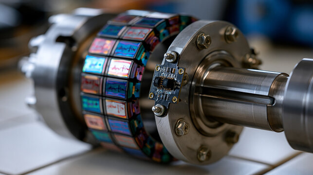 Wheel encoder magnetic ring pressed onto hub shaft collar, Hall effect sensor PCB bracket bolted radially, neodymium pole segments alternating polarity marked with ink, shaft keyway slot machined th