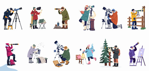 A collection of people in winter clothes using telescopes and spyglasses to observe stars and constellations during a cold winter night. © ValentinaRestrepo