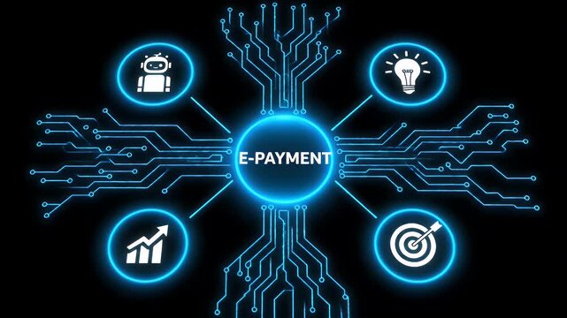 E-payment digital technology concept with glowing blue circuit lines and icons theme.
