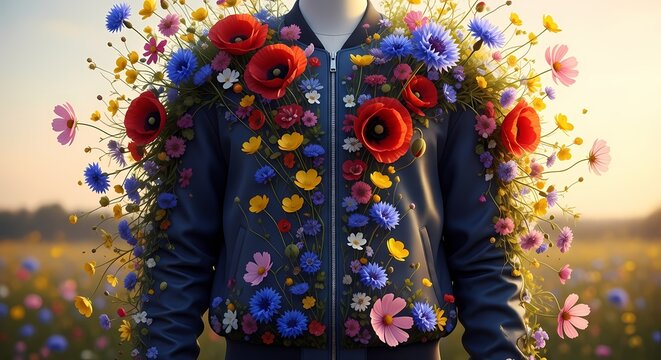 Floral bomber jacket adorned with vibrant wildflowers and poppies in a sunlit field.