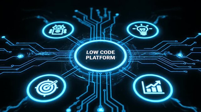 Low code platform software development concept with glowing icons on digital background