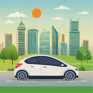 V&eacute;hicule autonome circulant devant une skyline urbaine