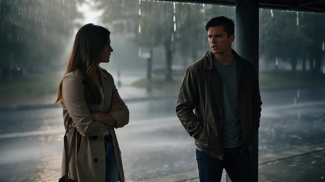 Tense urban scene of a young couple standing under a bus stop shelter in heavy rain, turned away from each other with crossed arms and hands in pockets suggesting separation.