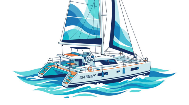 Sailing catamaran boat on ocean waves.