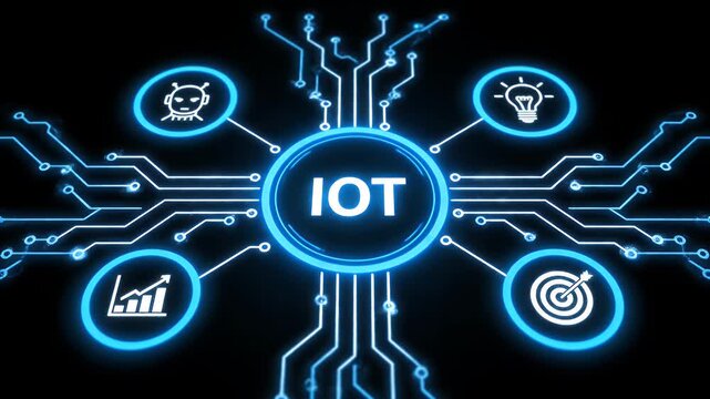 Iot internet of things technology concept with glowing icons on a blue circuit board