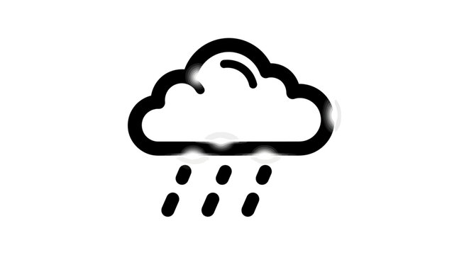 Fluffy cloud releasing three raindrops in a smooth downward motion on a clean white canvas.
