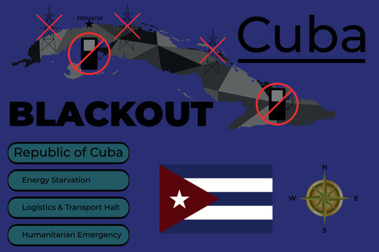 Cuba energy crisis and blackout infographic. Vector map of Republic of Cuba with fuel shortage icons, power grid failure statistics, transport halt, and humanitarian emergency concepts.